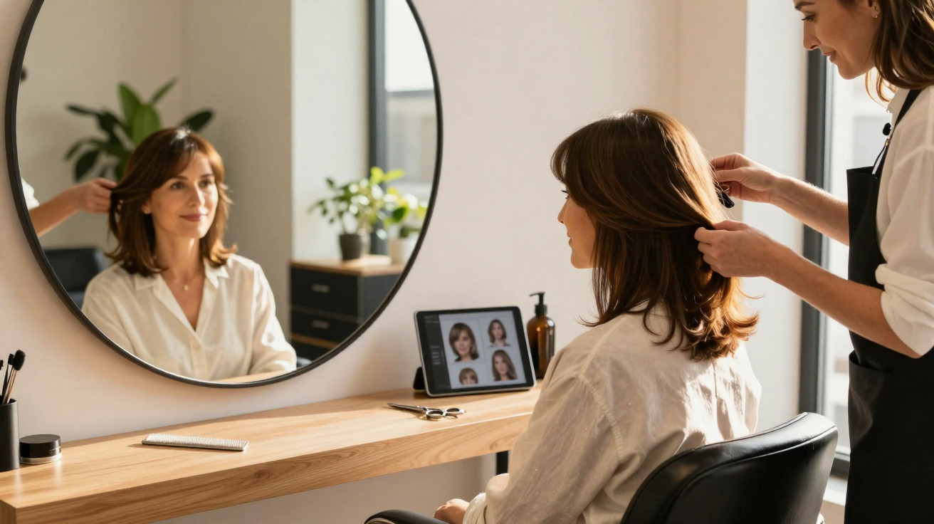 Frau sitzt beim Friseur, der ihre Haare formt, sie betrachtet sich lächelnd im runden Spiegel.