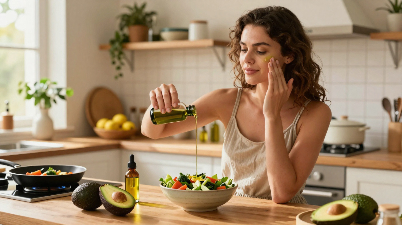 Frau in der Küche gibt Olivenöl über frischen Salat mit Avocado und Gemüse.