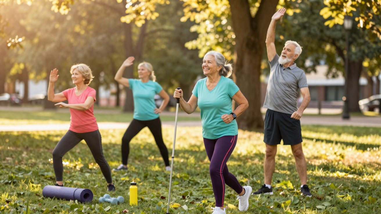 Seniorinnen und Senioren machen gemeinsam Gymnastik im Park an einem sonnigen Herbsttag.