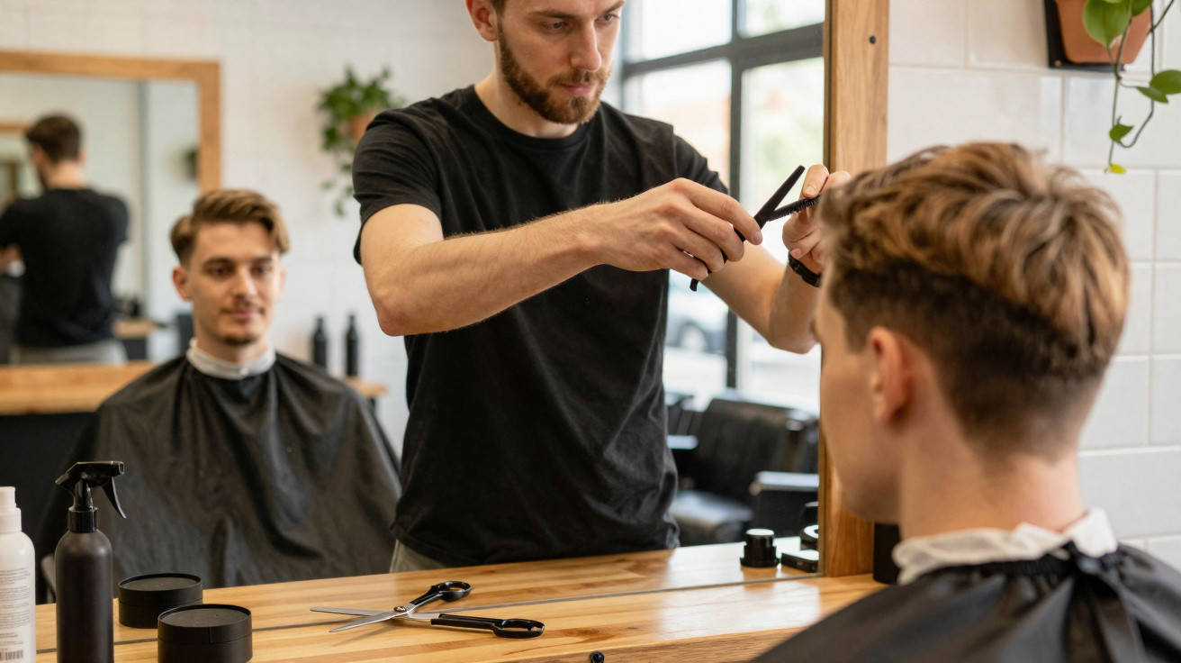 Friseur schneidet jungen Mann beim Haarschnitt in modernem Friseursalon mit Spiegel.