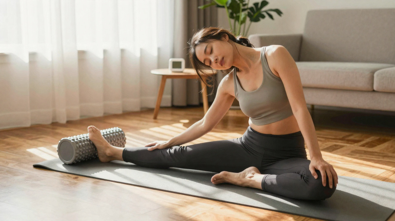 Frau macht Yoga-Dehnübungen auf Matte im Wohnzimmer mit Schaumstoffrolle und Tageslicht.