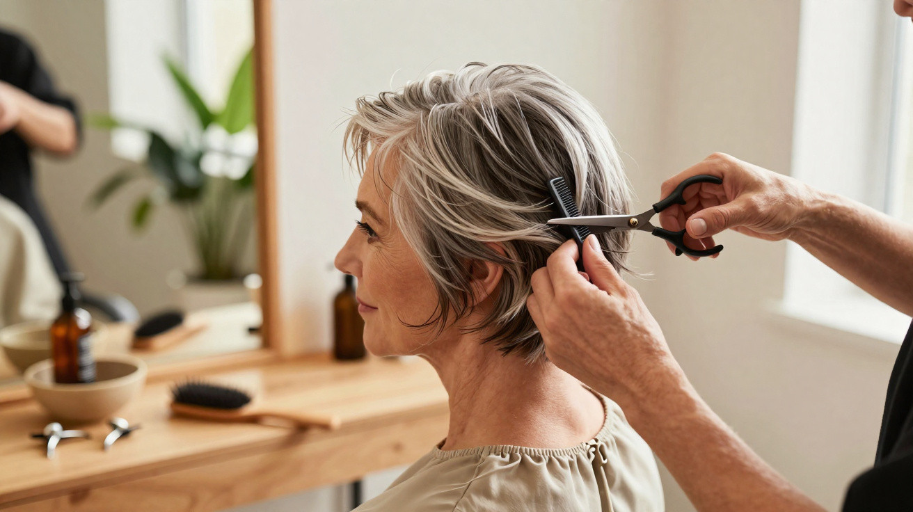 Frau mit kurzem grauem Haar bekommt Haarschnitt im Friseursalon, Friseur schneidet Haare mit Schere und Kamm.