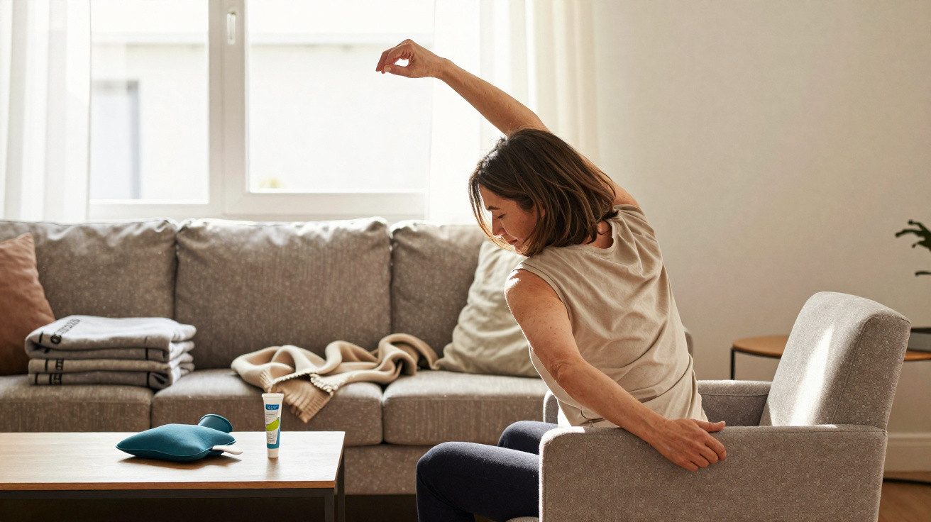 Frau macht Dehnübungen im Wohnzimmer, sitzt auf einem Stuhl neben einem grauen Sofa.