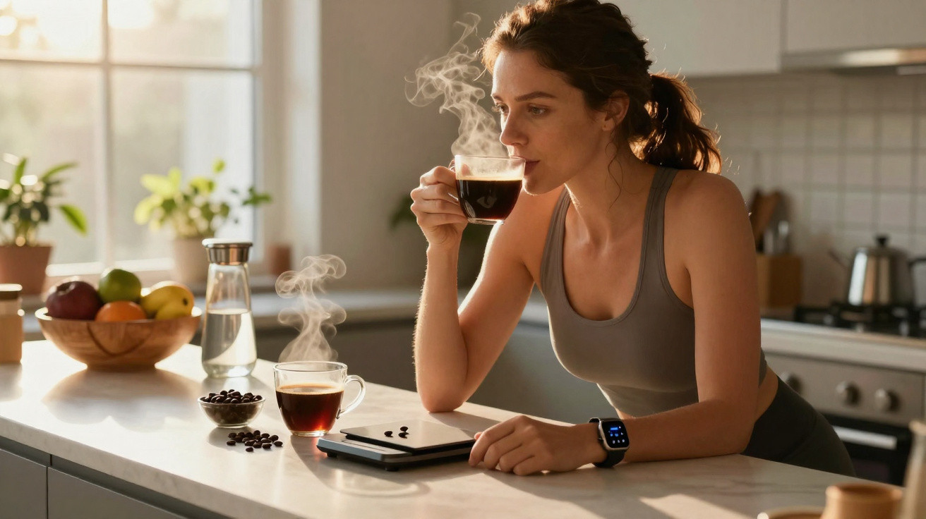Frau trinkt heißen Kaffee in moderner Küche, Tablet und dampfende Tasse auf der Arbeitsplatte.