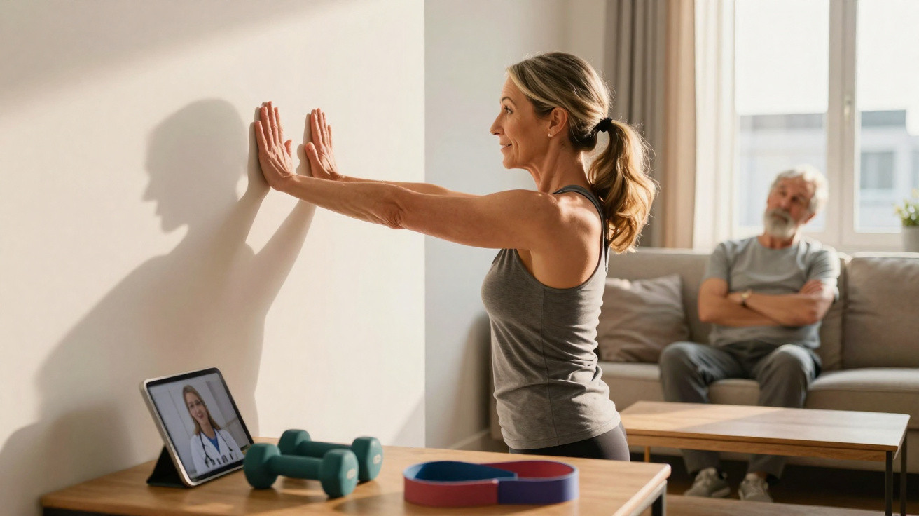Frau macht Wandübungen vor Tablet mit Online-Training, Mann sitzt auf Sofa im Hintergrund.