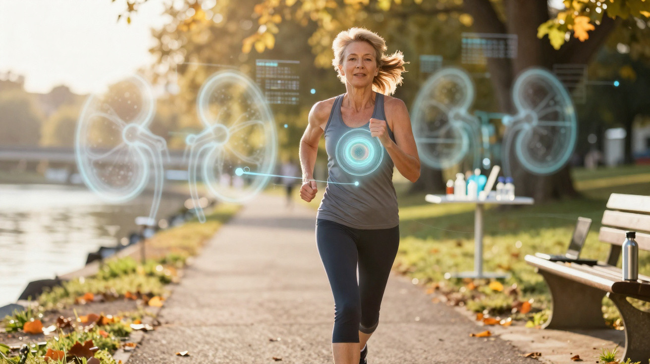 Frau joggt im Park an einem Fluss mit digitalen Symbolen für Herzfrequenz und Nierengesundheit im Hintergrund.