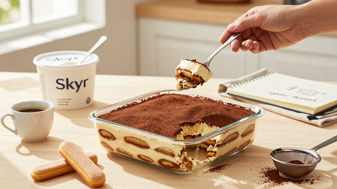 Hand nimmt Löffel mit Tiramisu aus Glasschale, daneben Kaffee, Löffelbiskuits und Skyr-Becher auf Holztisch.