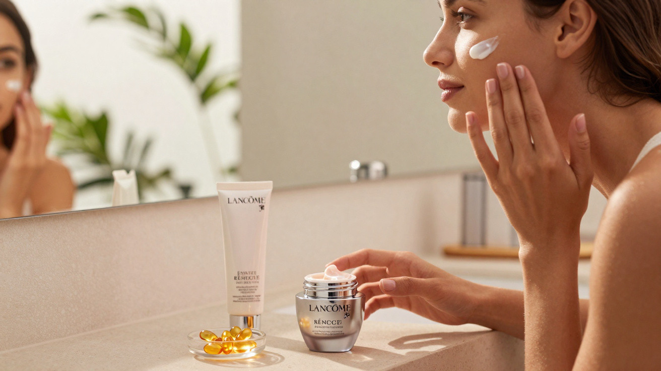Frau trägt Gesichtspflegecreme auf, neben ihr stehen Lancome Hautpflegeprodukte auf dem Badezimmer Waschbecken.