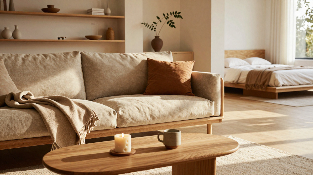 Helles Wohnzimmer mit beigem Sofa, braunem Kissen, Decke, Holztisch, Kerze, Tasse und angrenzendem Schlafzimmer.