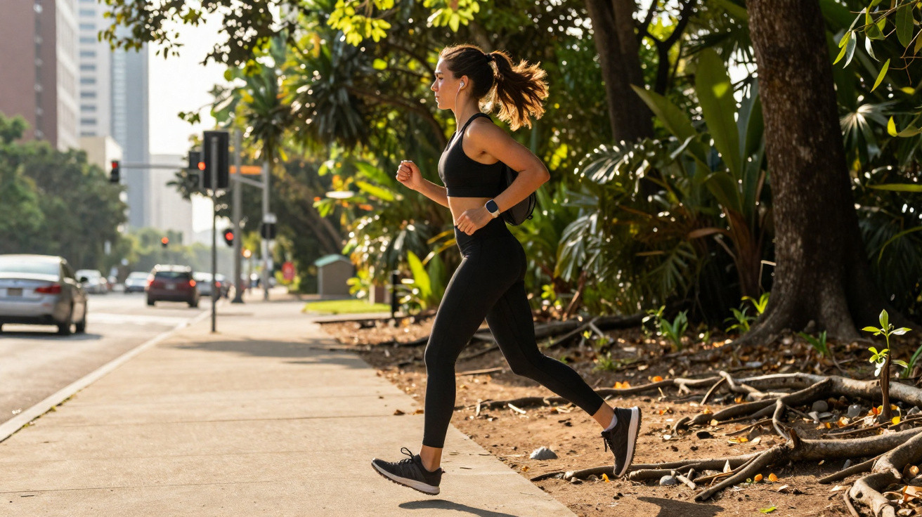 Frau joggt im Sportoutfit im Stadtpark auf einem sonnigen Gehweg neben einer Straße mit Autos.