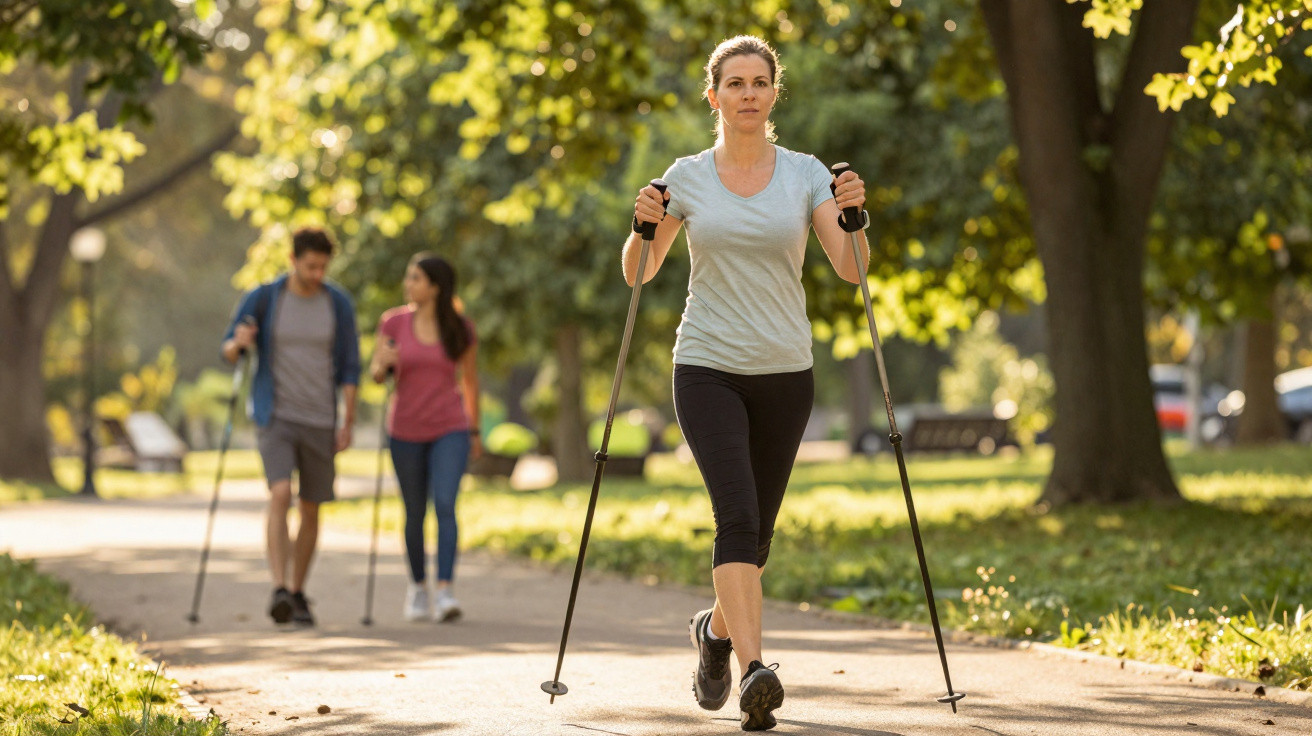 Frau beim Nordic Walking auf Weg im Park, zwei Personen gehen im Hintergrund, sonniger Tag.