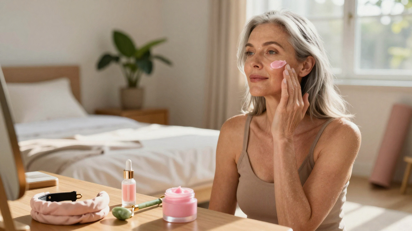 Ältere Frau trägt Anti-Aging-Gesichtscreme mit dem Finger auf, sitzt vor Spiegel in hellem Schlafzimmer.