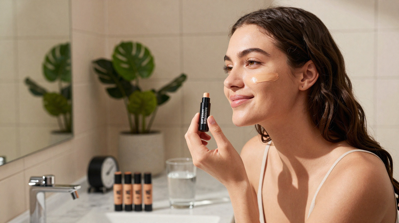 Frau trägt Make-up auf, hält Make-up-Stick im Bad mit Pflanze und Kosmetikprodukten im Hintergrund.