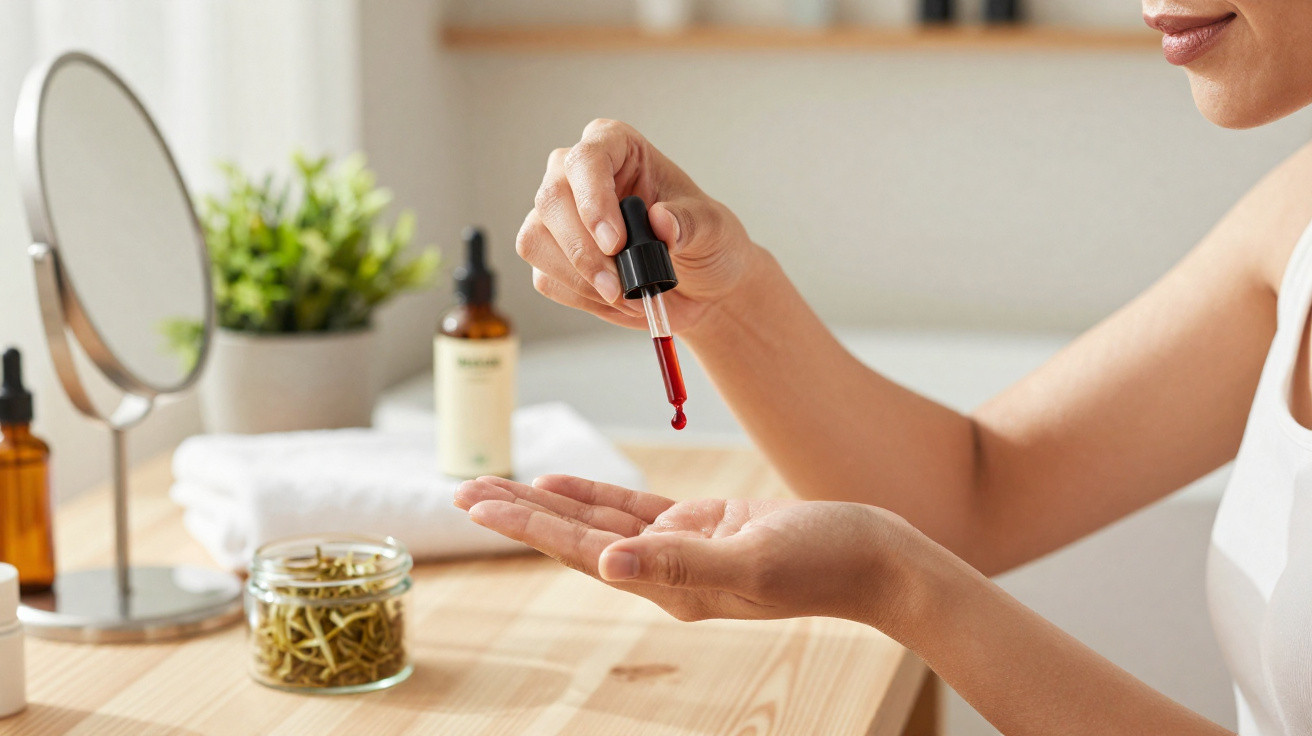 Frau gibt mit Pipette rotes Serum auf ihre Hand auf einem Tisch mit Spiegel und Pflanzen im Hintergrund.