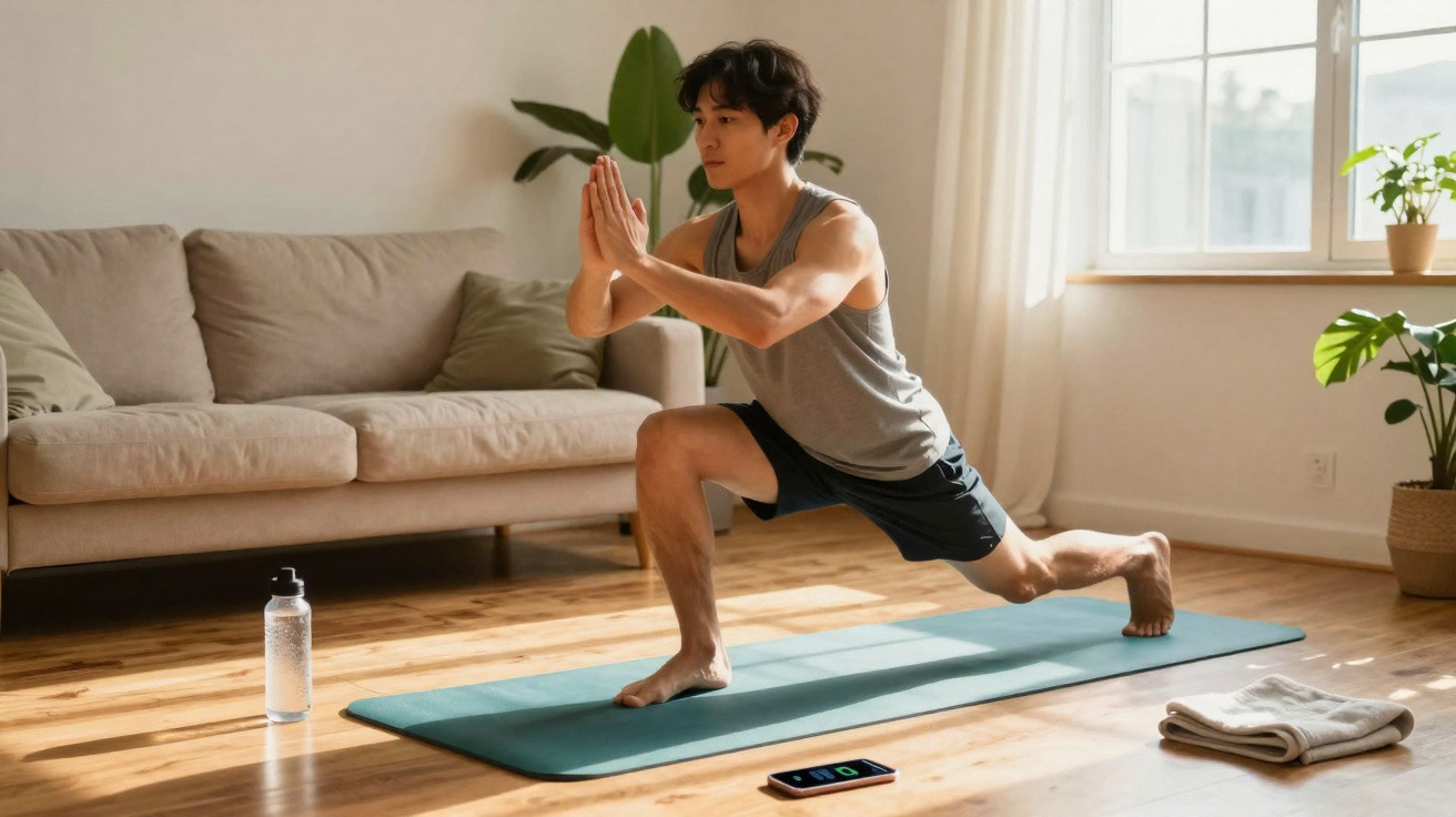 Junger Mann macht Yoga-Lunge auf Matte in hellem Wohnzimmer mit Sofa, Pflanzen und Wasserflasche.