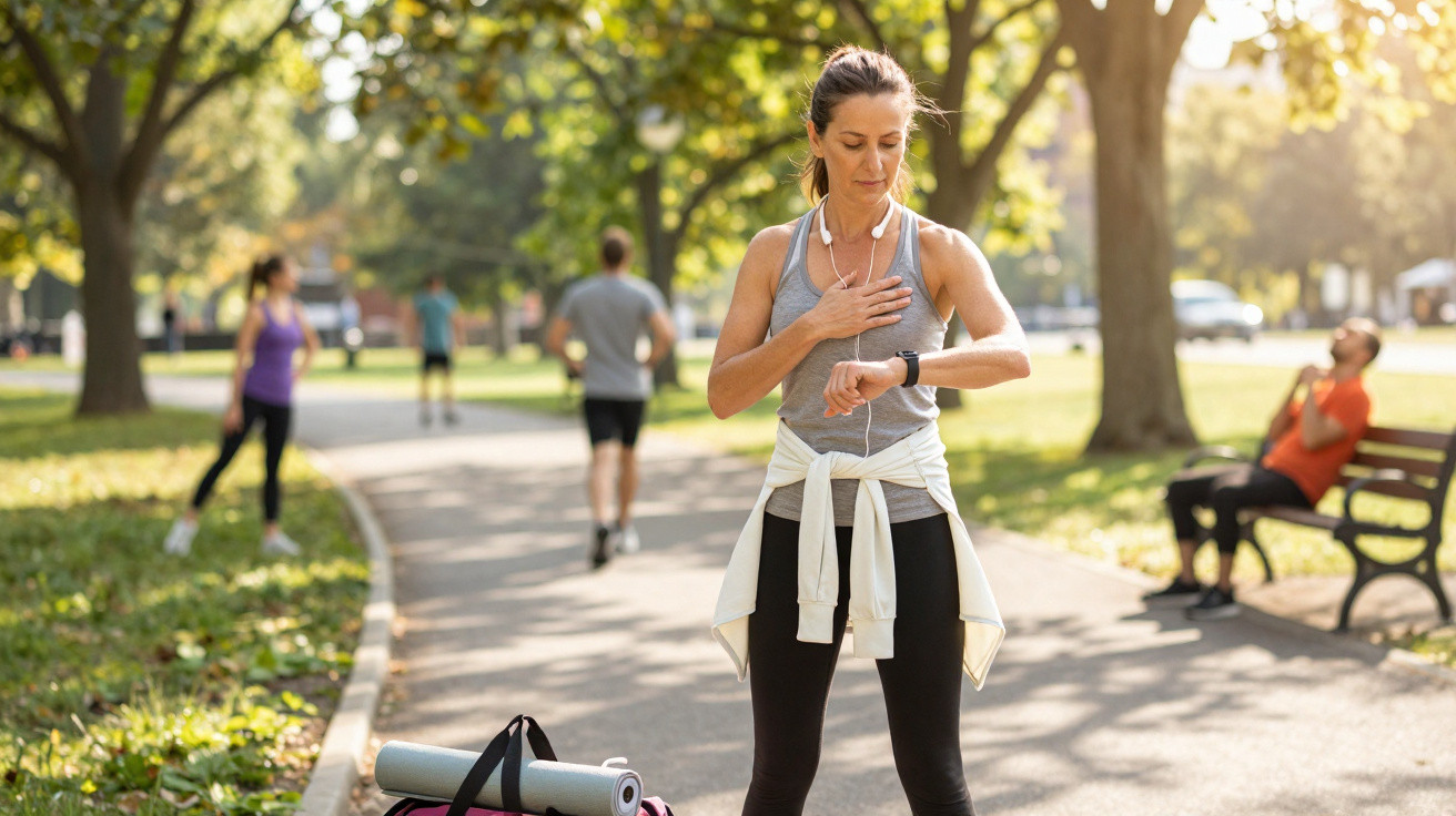 Frau im Sportoutfit überprüft Puls und Uhr im sonnigen Park auf Laufweg mit anderen Sportlern.