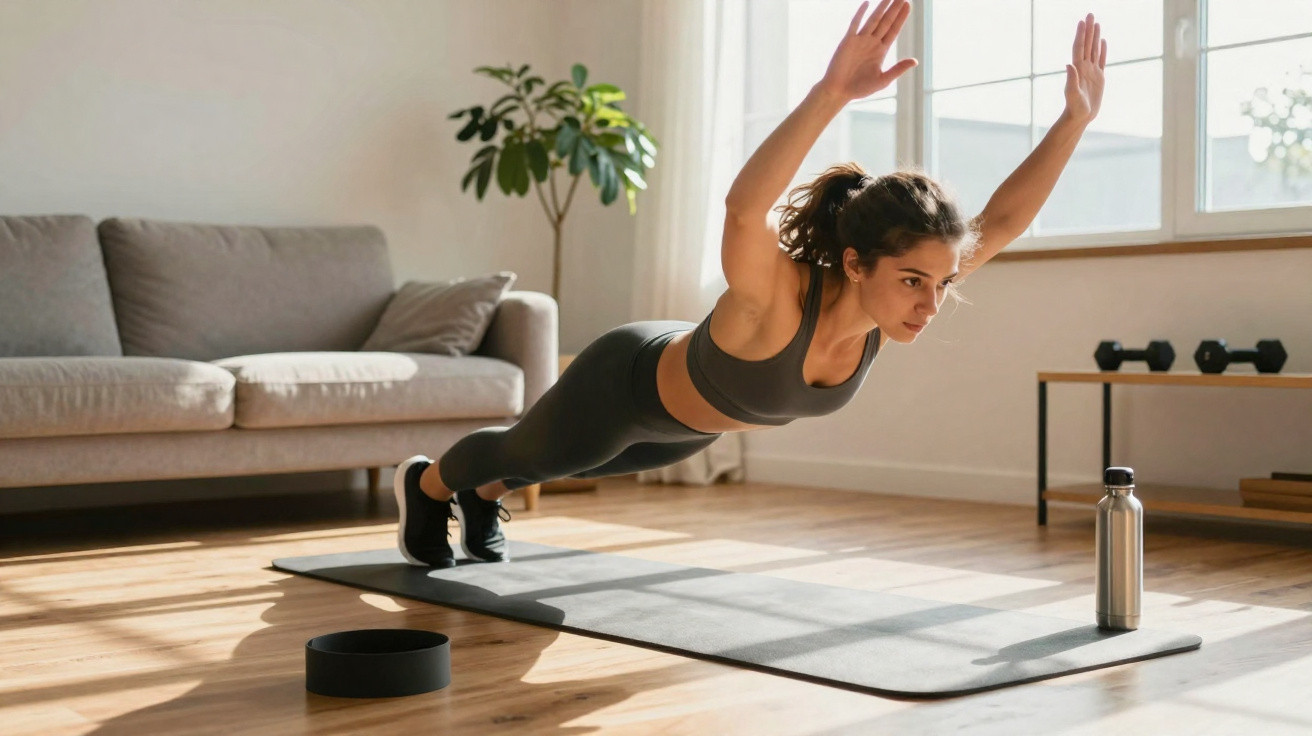 Frau macht auf Yogamatte zu Hause eine Planke-Übung mit erhobenen Armen im hellen Wohnzimmer.