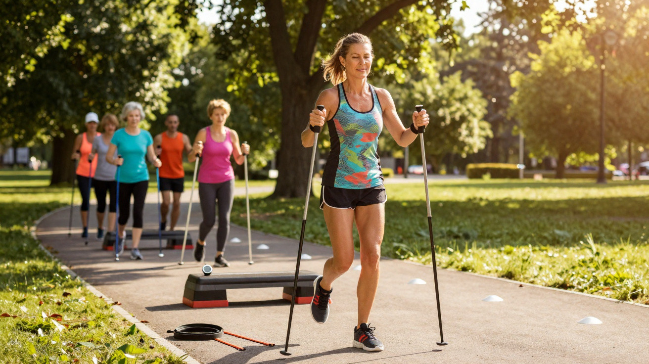 Mehrere Frauen beim Nordic Walking in einem Park an einem sonnigen Tag.
