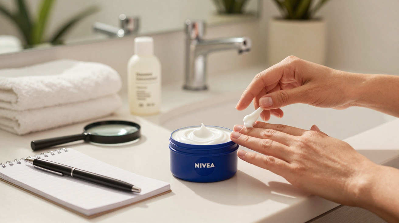 Eine Person nimmt NIVEA-Creme aus einem blauen Tiegel im Badezimmer, daneben Notizblock und Lupe.