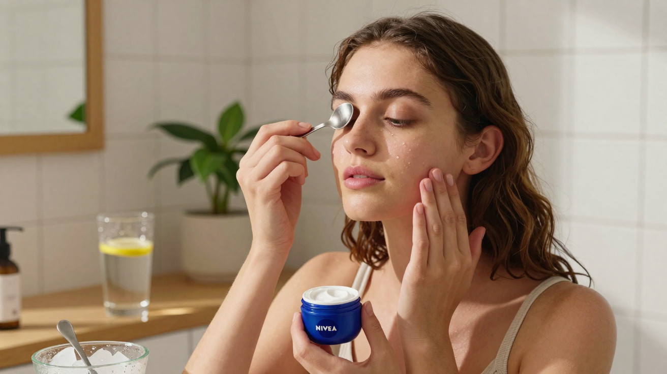 Frau trägt mit Löffel Nivea-Gesichtscreme im Badezimmer auf Augenbereich auf.