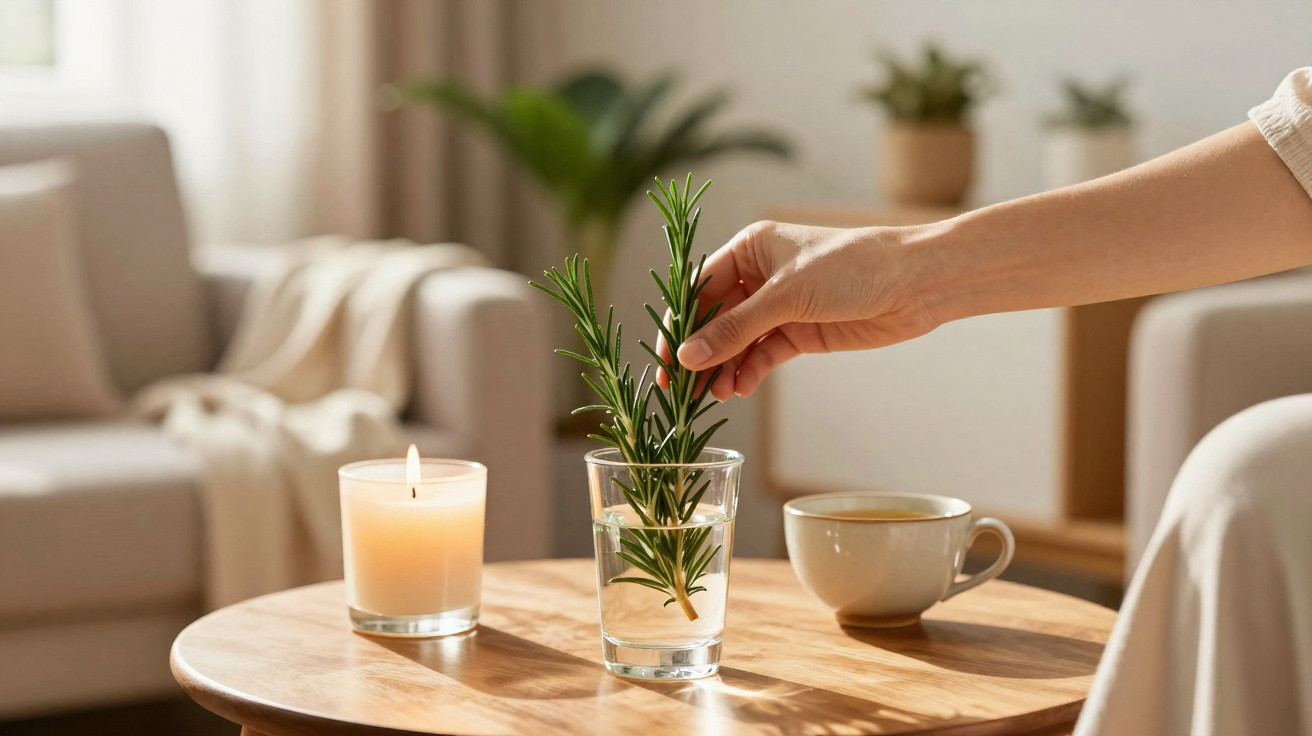 Hand legt Rosmarinzweig in Glas mit Wasser auf Holztisch neben brennender Kerze und Tasse Kaffee.