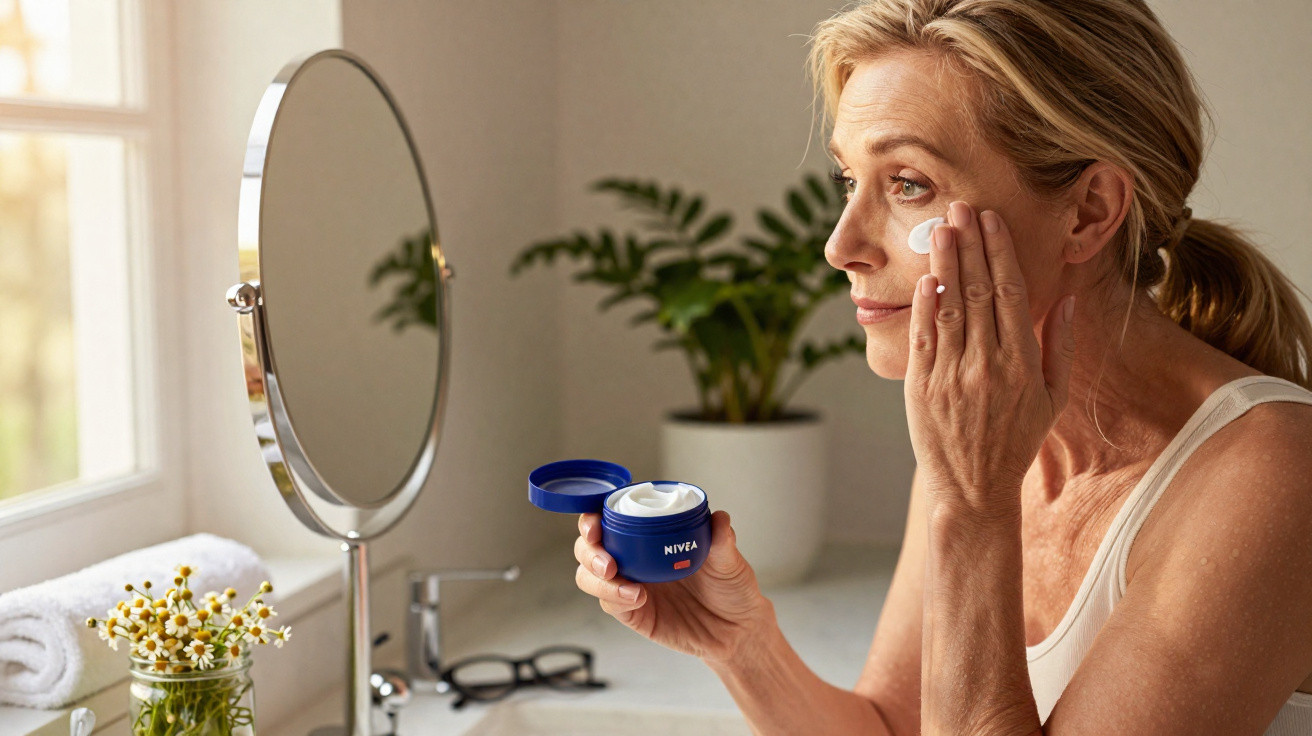 Frau trägt Nivea-Gesichtscreme im Bad auf, Spiegel und Pflanzen im Hintergrund sichtbar.