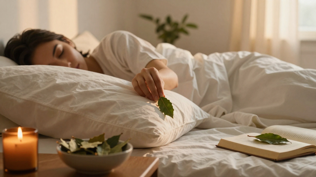 Frau schläft entspannt im Bett, hält ein Blatt, Kerze und Buch mit Blatt auf dem Bett.