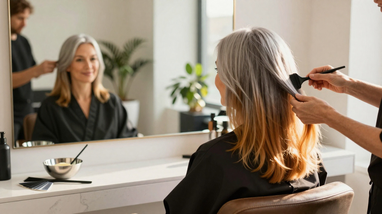 Frau mit grauen Haaren bekommt im Friseursalon eine Haarfärbung, Friseur trägt Farbe mit Pinsel auf.