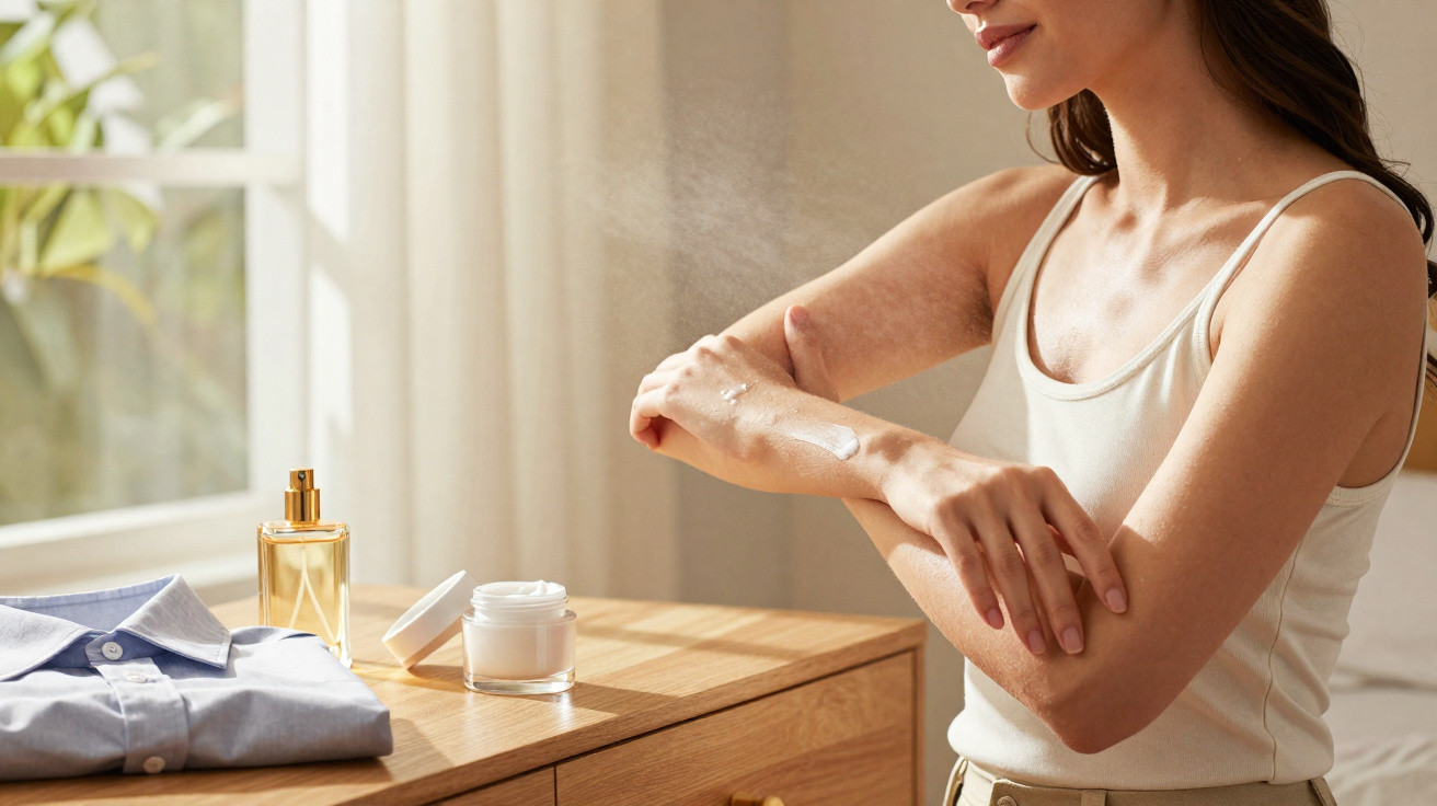 Frau cremt sich mit Lotion die Arme ein, auf Kommode neben ihr Parfüm, Creme und Hemd.