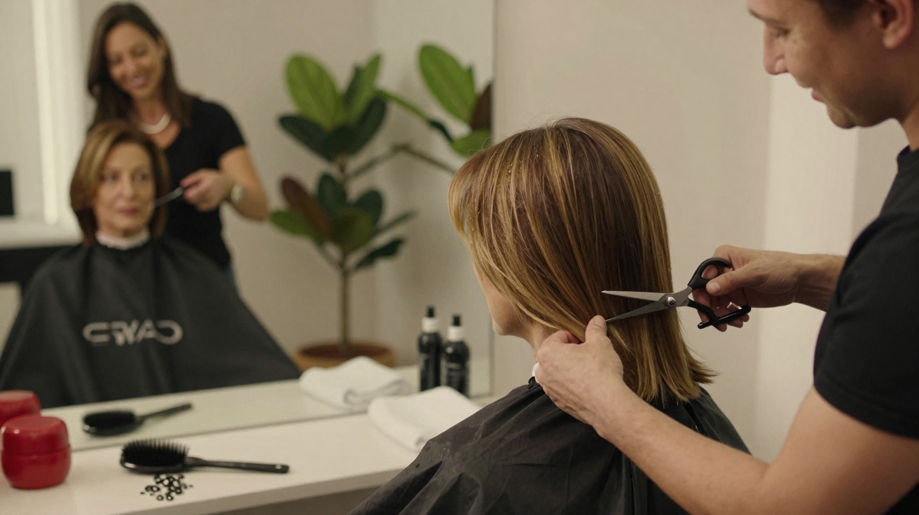 Friseurin schneidet Kundin im Frisursalon, Spiegel, Friseurutensilien und Pflanzen im Hintergrund.