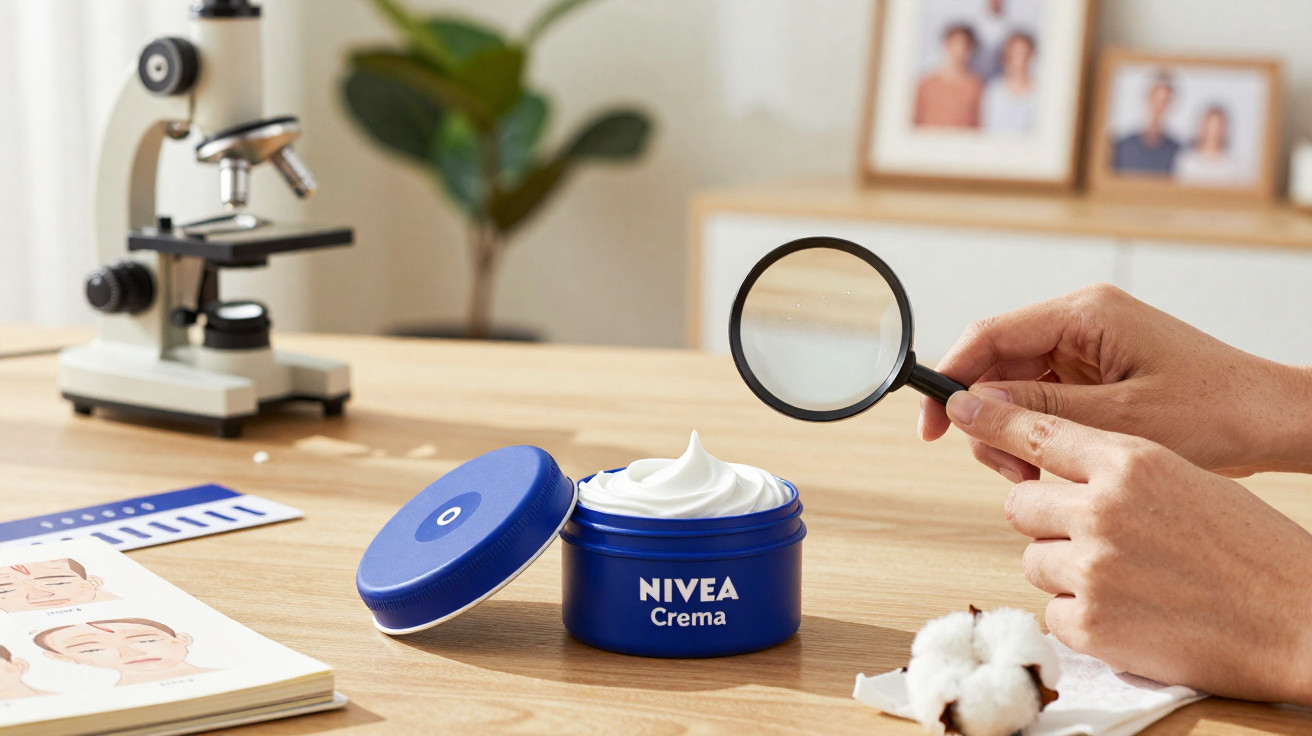 Geöffnete blaue Nivea Crema Dose auf Holztisch, Lupe wird auf die Creme gerichtet, Mikroskop im Hintergrund.