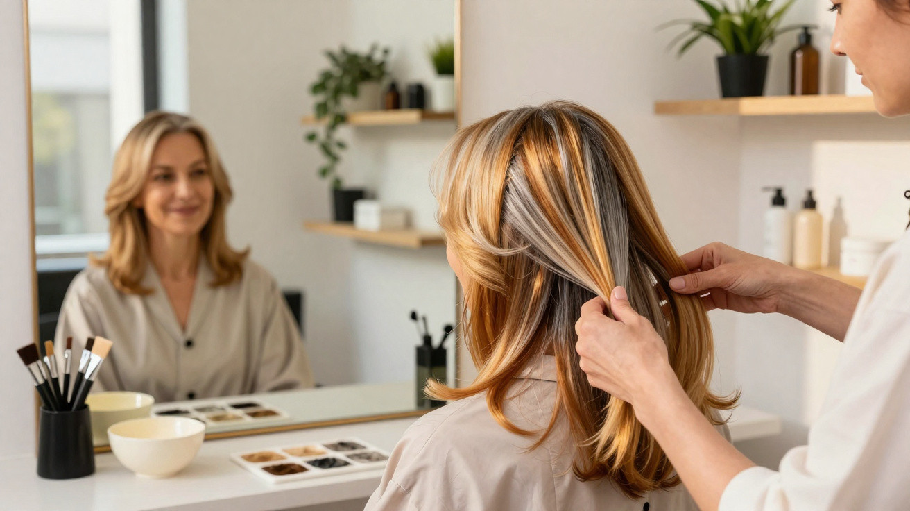 Friseurin zeigt Kundin im Spiegel verschiedene Haarsträhnen in einem modernen Friseursalon.