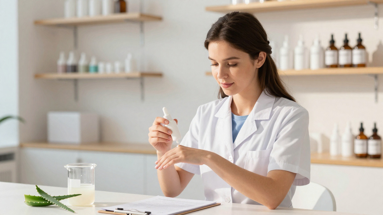 Frau in Laborcoat testet Hautpflegeprodukt mit Pipette in einem modernen Laborraum.