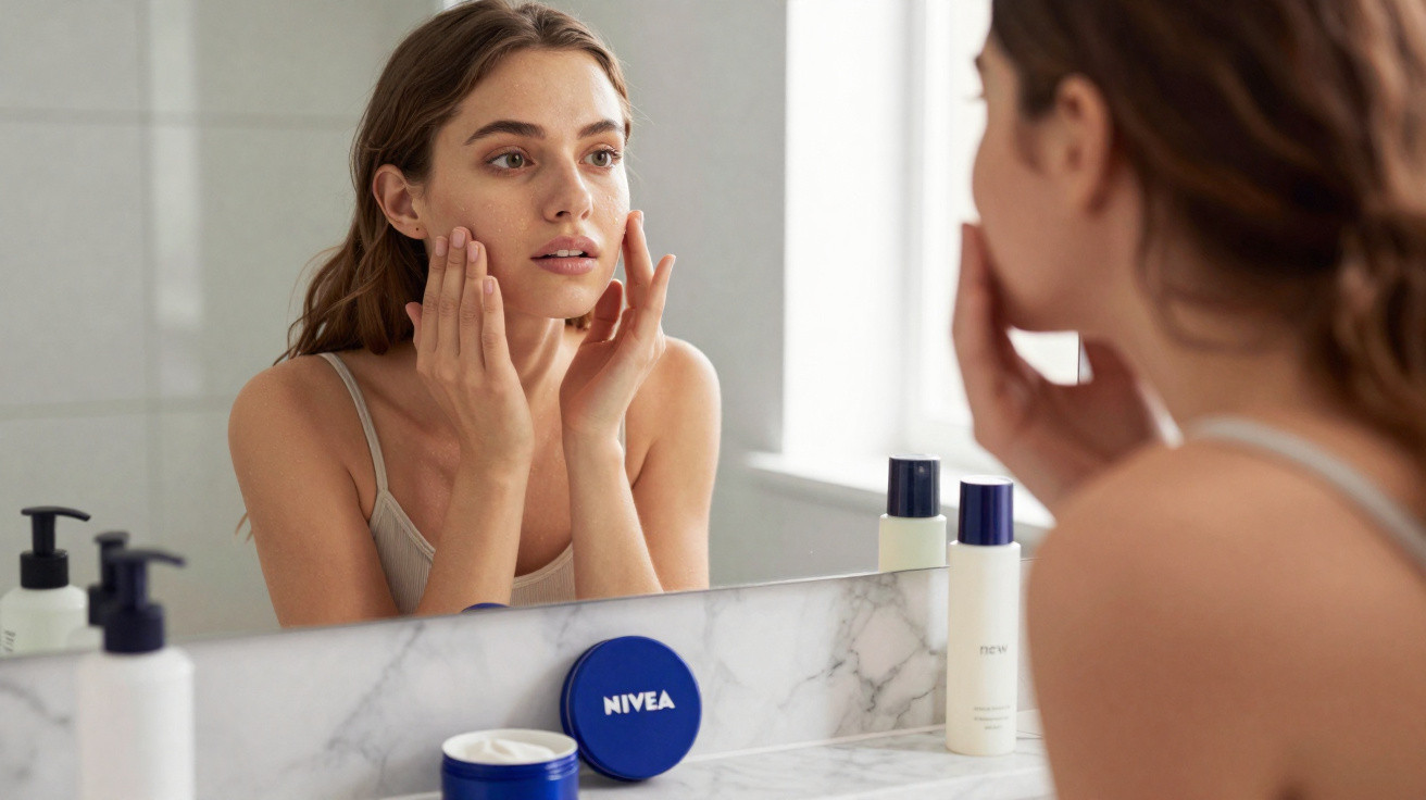 Frau trägt Nivea Creme auf Gesicht auf, steht vor Badezimmerspiegel mit Kosmetikprodukten auf Marmorablage.