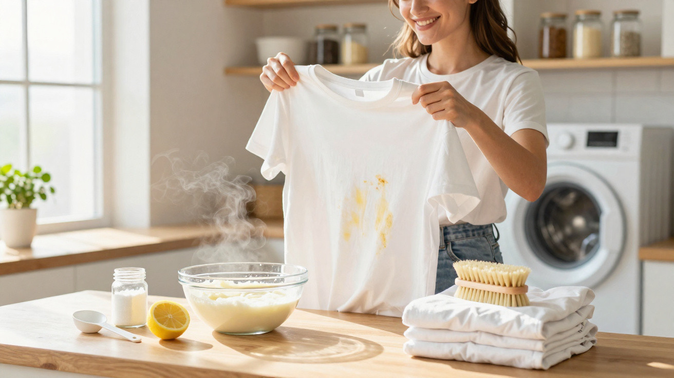 Frau hält weißes T-Shirt mit gelbem Fleck, Küchenutensilien und Waschmaschine im Hintergrund sichtbar.