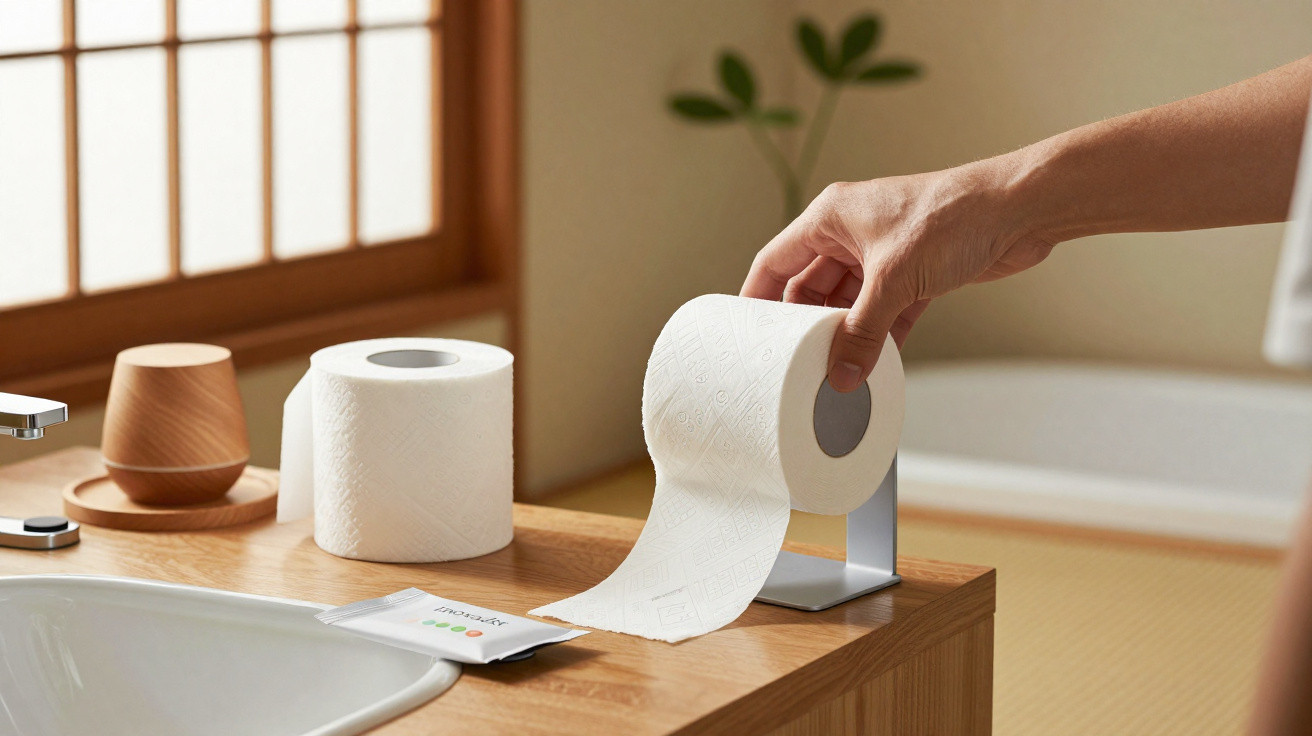 Hand greift Toilettenpapier von modernem Halter auf Holzwaschtisch im Badezimmer.