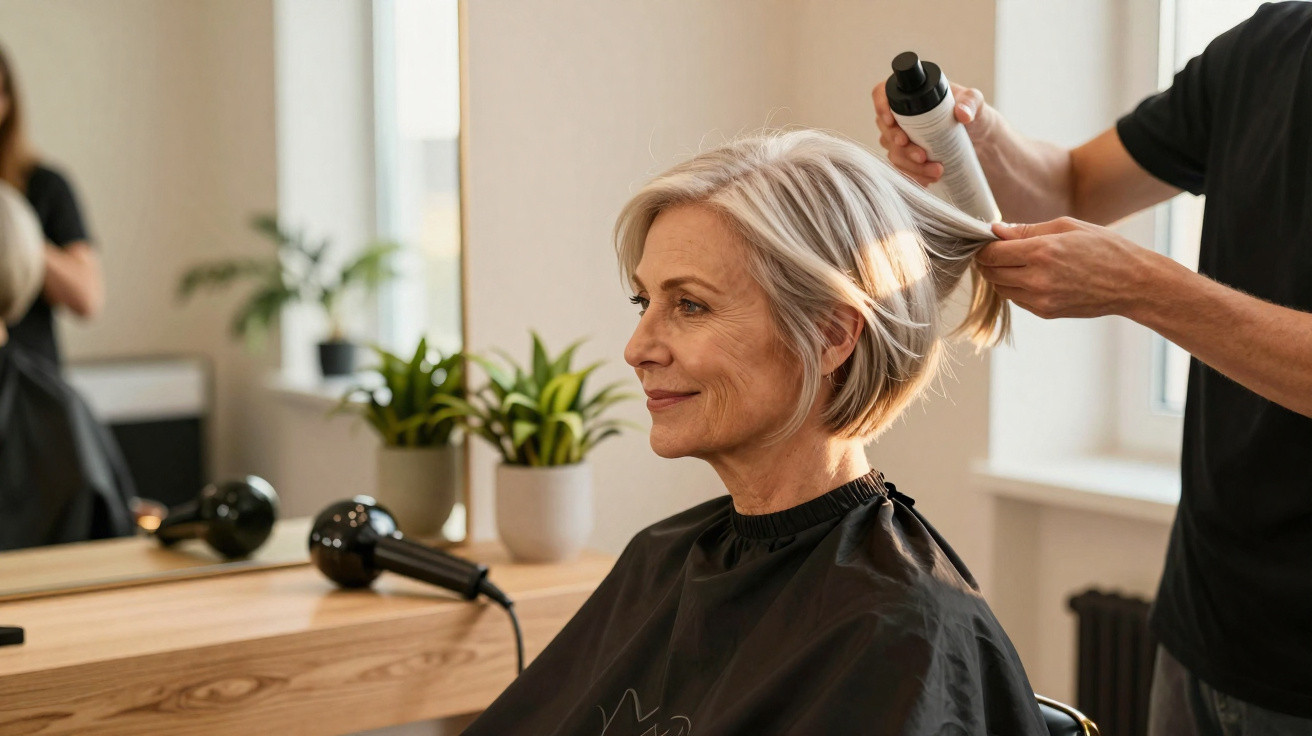 Ältere Frau beim Friseurbesuch, Friseur stylt ihre kurze silberne Haare mit Stylingprodukt.