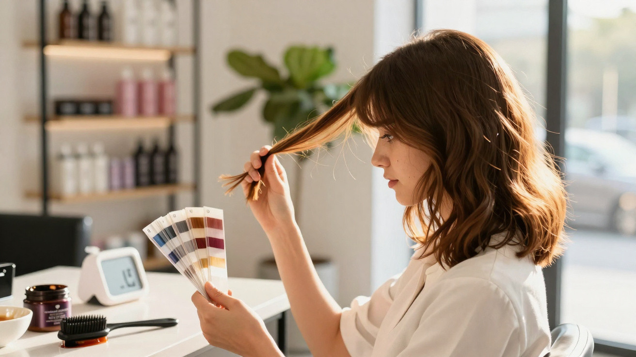 Frau im Friseursalon hält Strähne und Farbpalette, um Haarfarbe auszuwählen.
