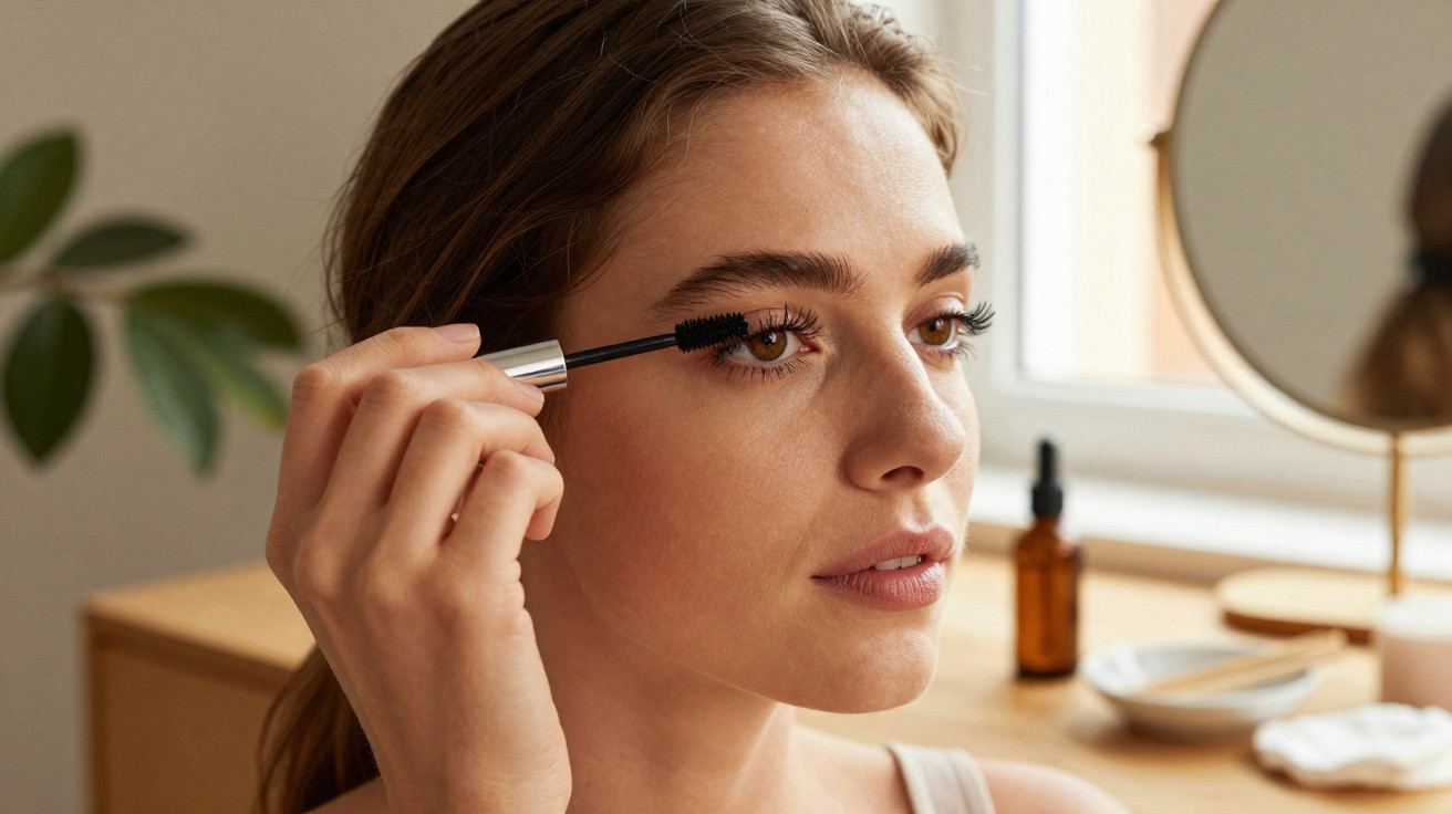 Frau trägt Mascara auf ihre Wimpern in einem hellen Raum mit Spiegel und Pflanzen im Hintergrund auf.