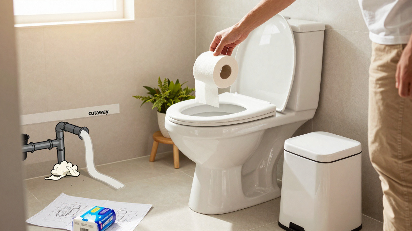 Mann hält Toilettenpapier über WC in modernem Badezimmer mit Pflanze, Mülleimer und gezeichneter Rohranimation.