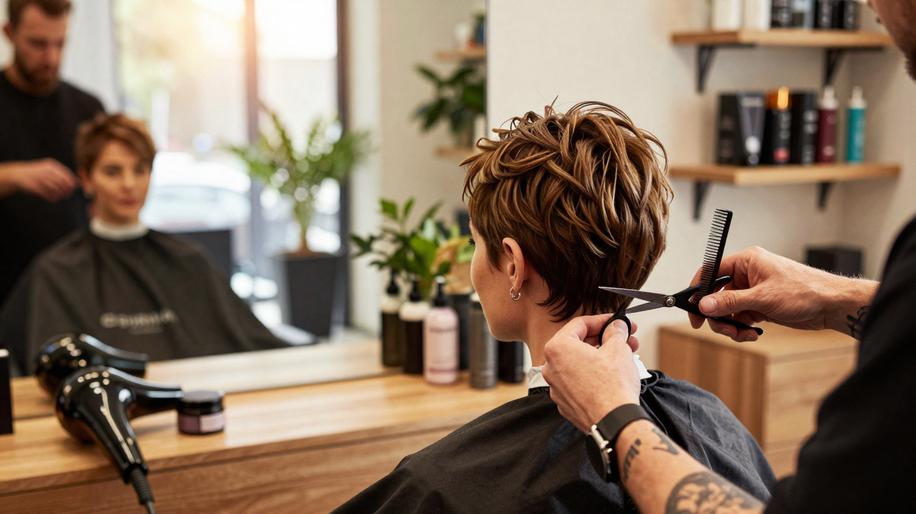 Friseursalon: Friseur schneidet Frau mit kurzem, gewelltem Haar vor großem Spiegel.