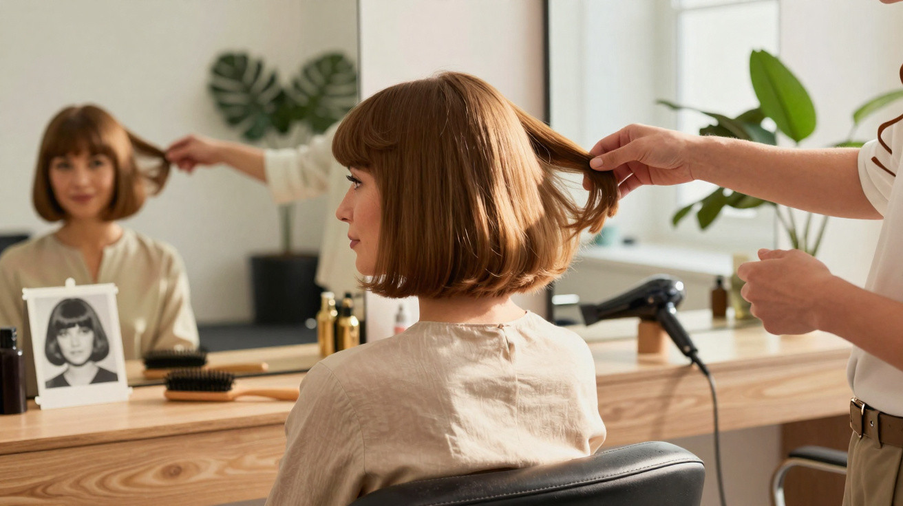 Frau mit kurzem Bob-Haarschnitt sitzt im Friseursalon, während Friseur ihre Haare prüft.