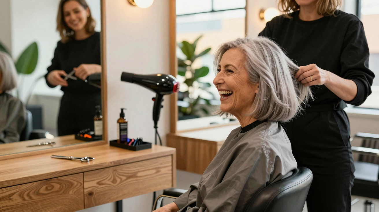 Ältere Frau mit grauen Haaren lächelt, während Friseurin ihr Haare in modernem Salon stylt.