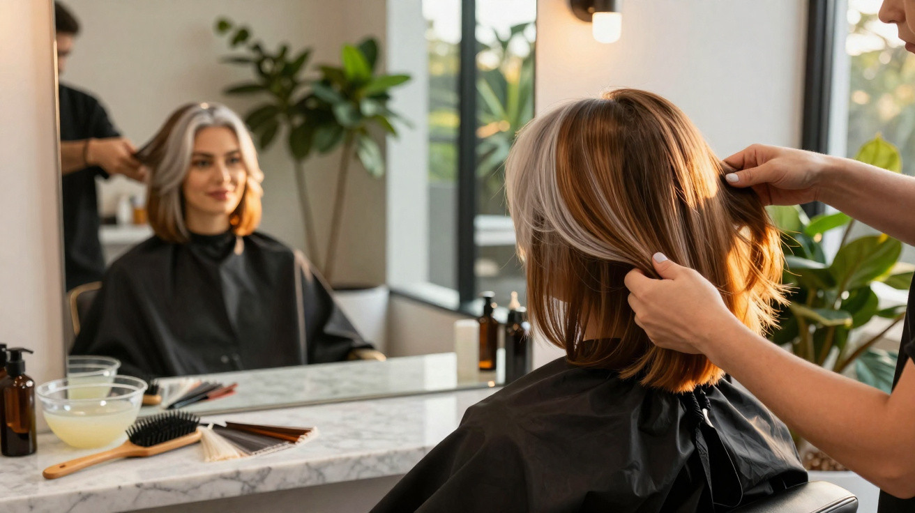 Frau sitzt im Friseursalon, Stylistin prüft frisch geschnittenes Haar vor großem Spiegel.