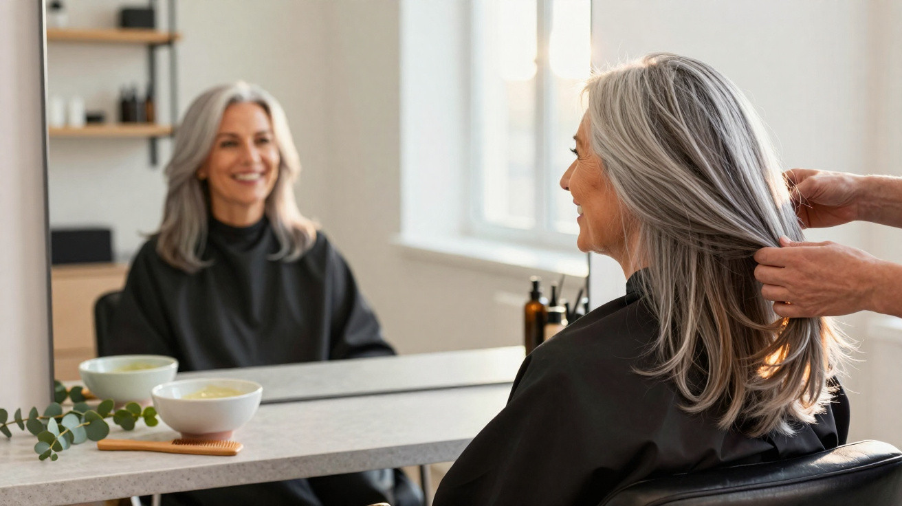 Ältere Frau mit grauen Haaren im Friseursalon, Stylist berührt ihre Haare, sie lächelt im Spiegel.