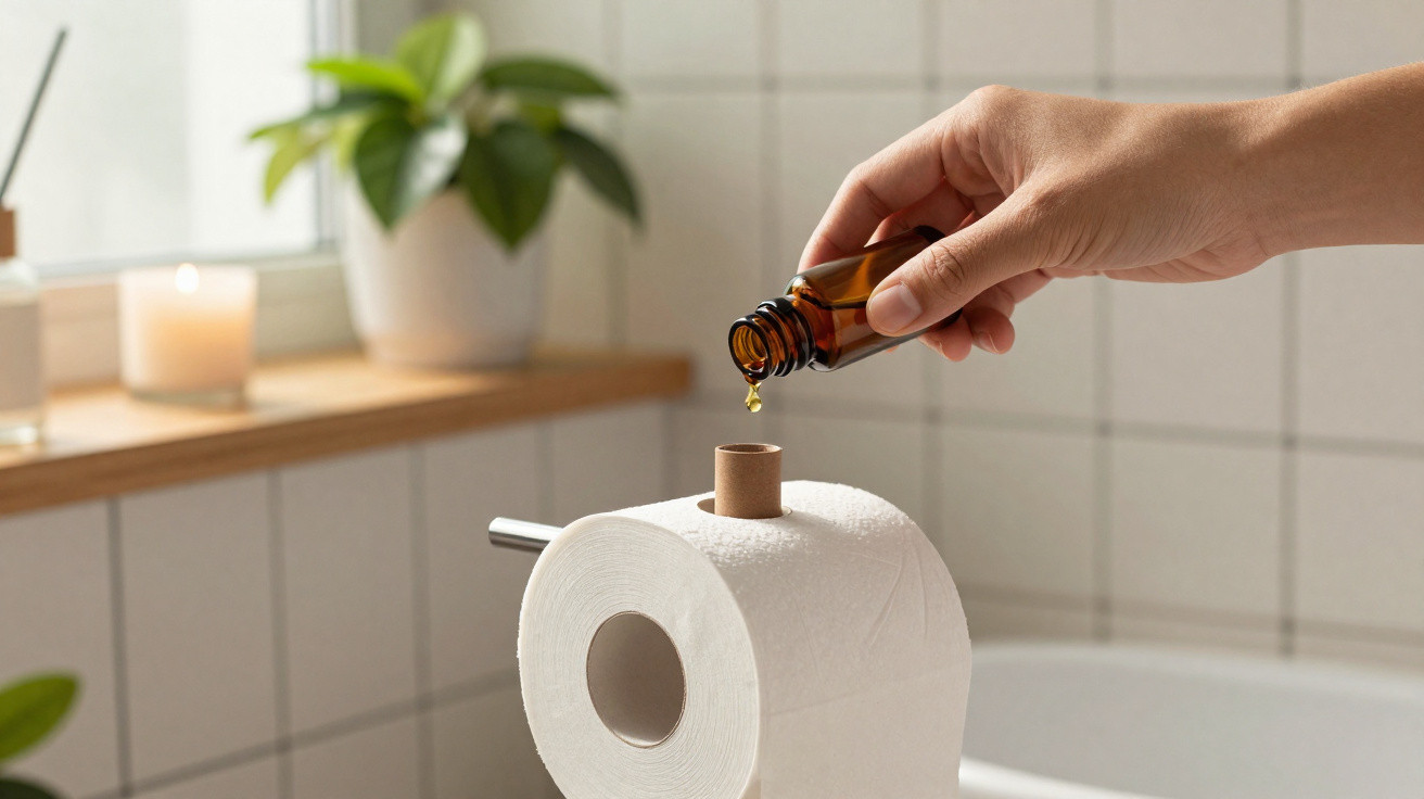 Hand gibt Tropfen aus brauner Flasche auf Toilettenpapierrolle in hellen Badezimmer mit Pflanzen ab.
