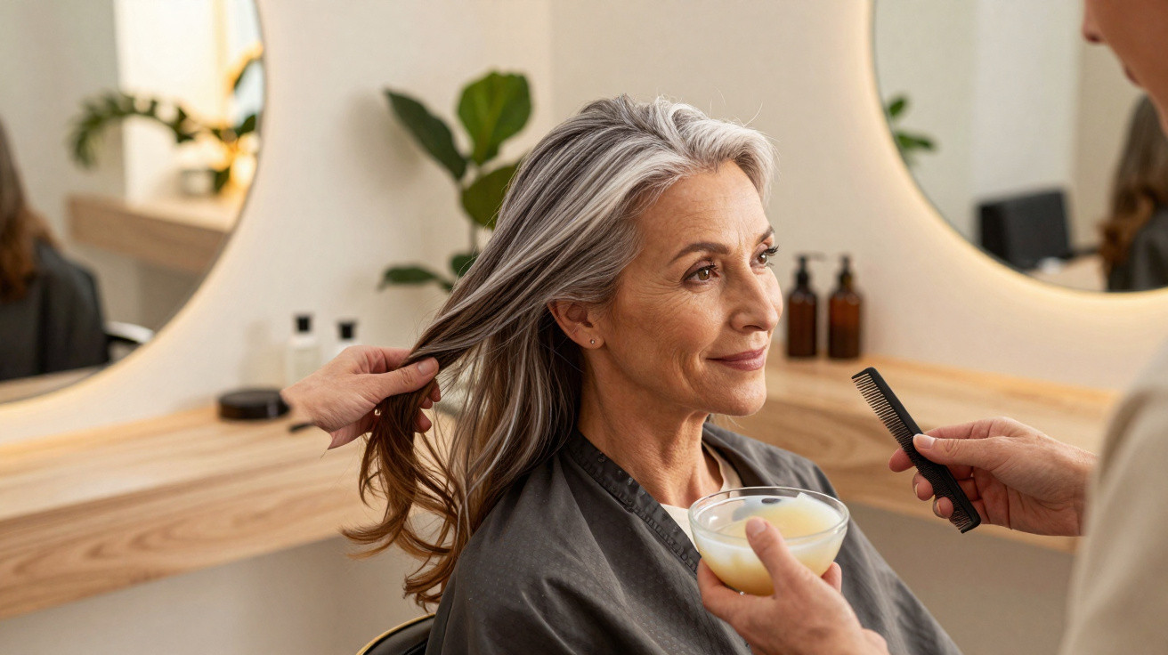 Ältere Frau mit grauem Haar erhält Haarkur und wird im Friseursalon beraten.