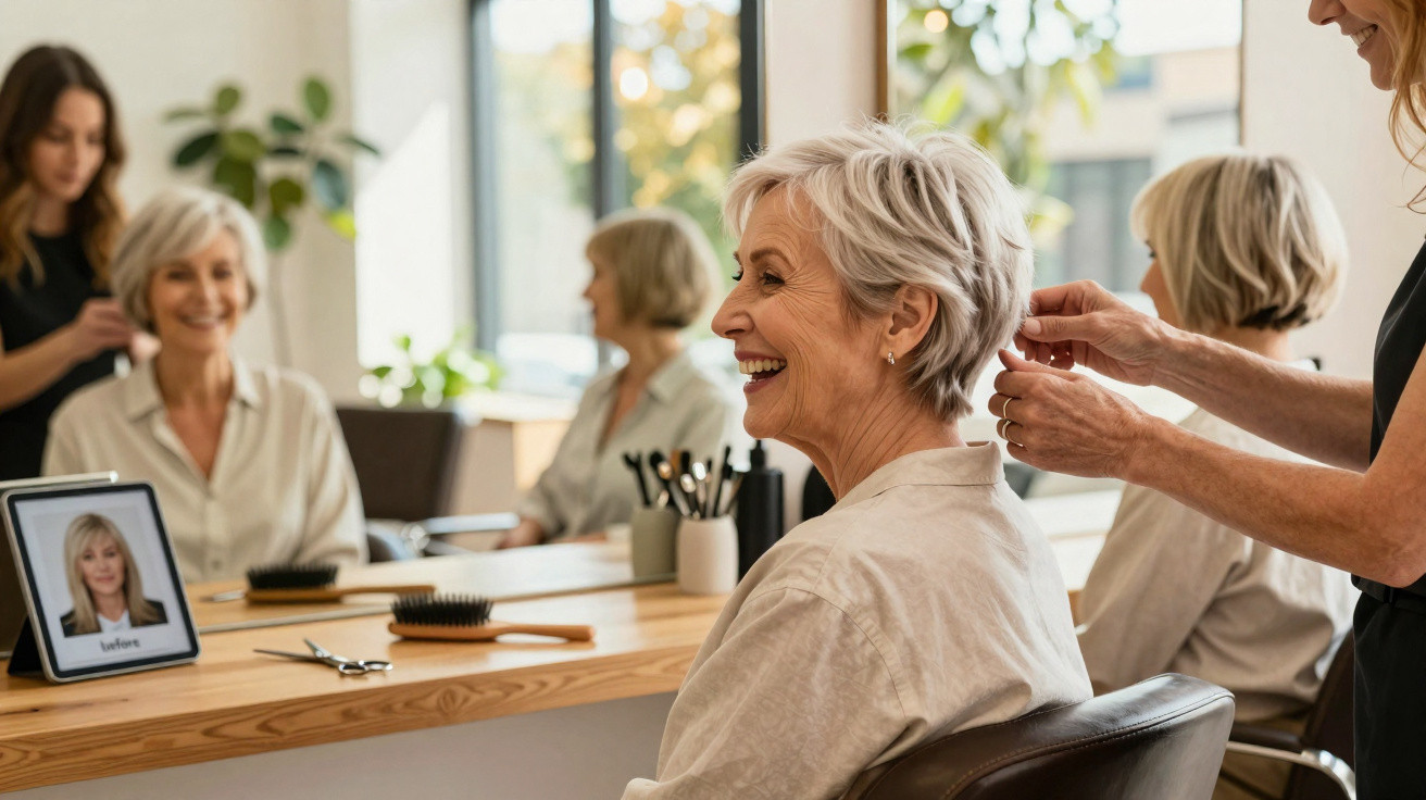 Ältere Frau lächelt im Friseursalon, während Friseurin ihre Haare stylt, Spiegel und Werkzeuge im Hintergrund.