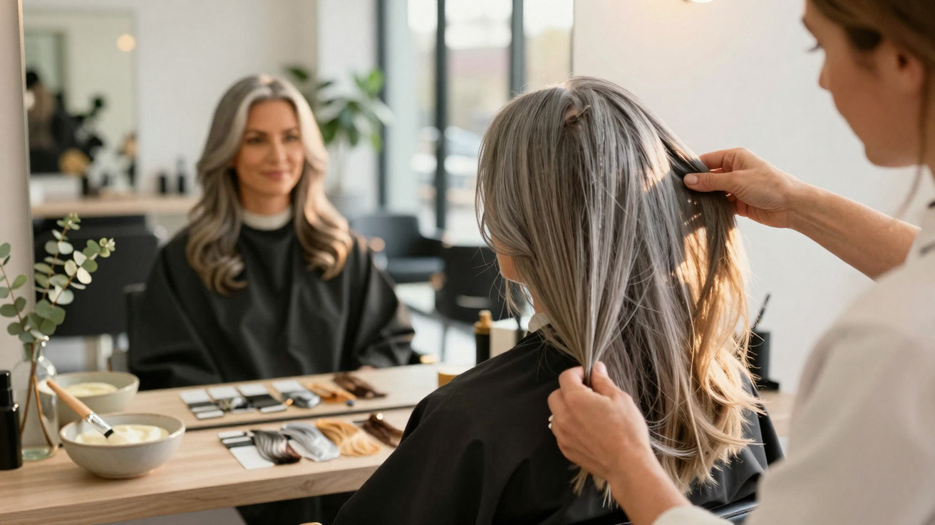 Friseurin stylt die langen grauen Haare einer Frau vor einem Spiegel im modernen Friseursalon.
