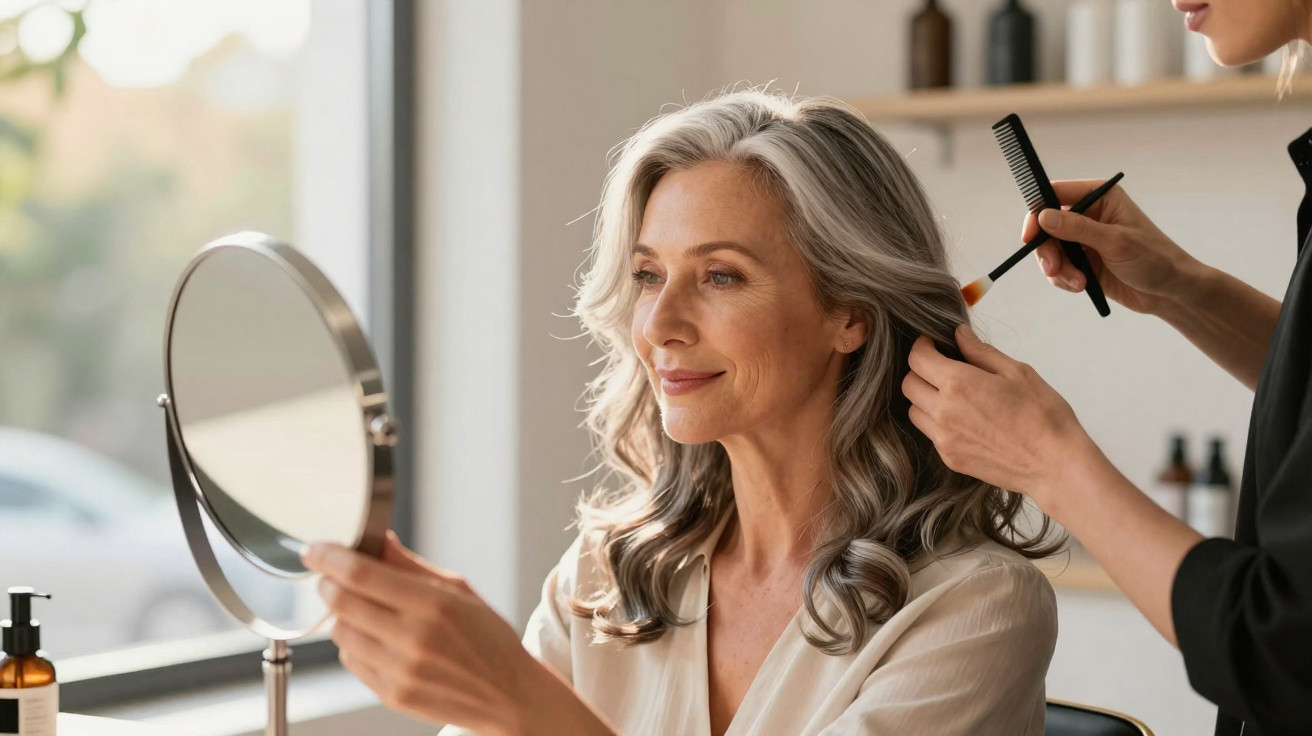 Ältere Frau mit grauen Haaren sieht in den Spiegel, während Friseur ihr Haar stylt.